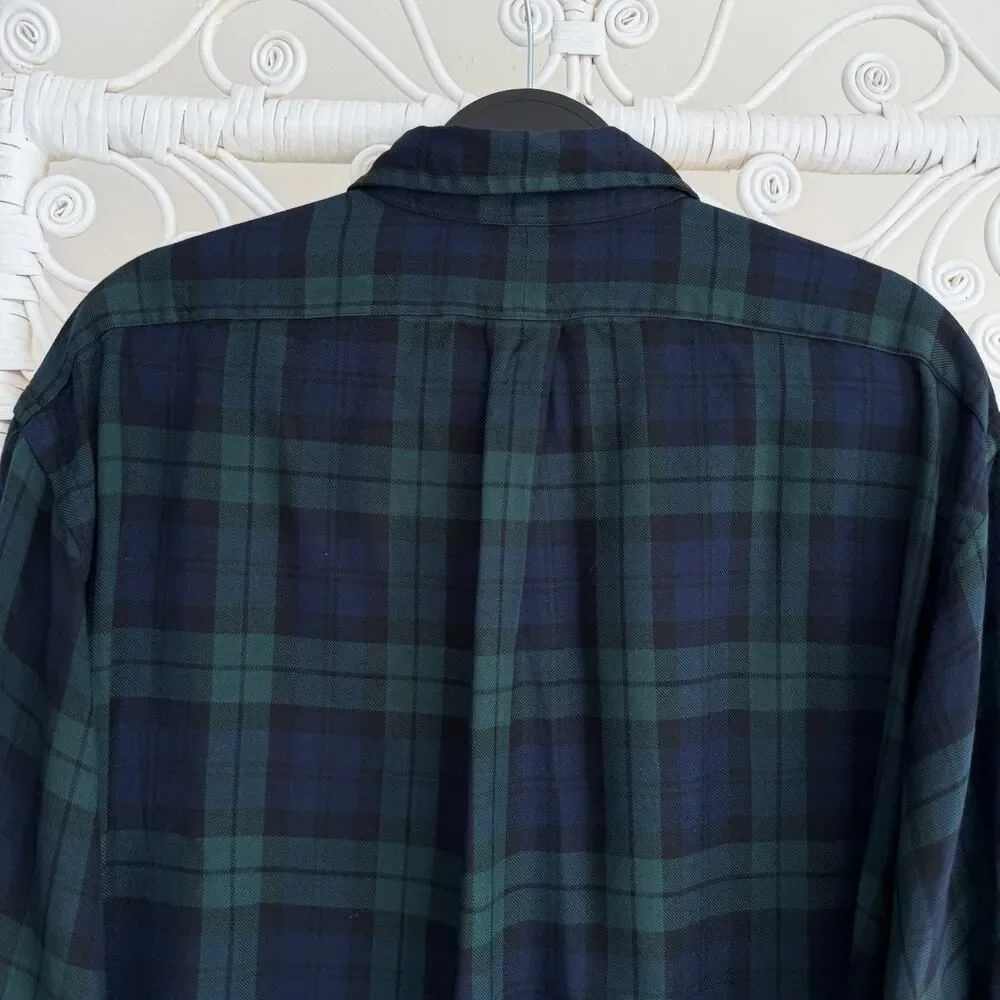 Ralph Lauren Shirt Mens Large Green Blue Tartan Blackwatch Silk Flannel USA Made